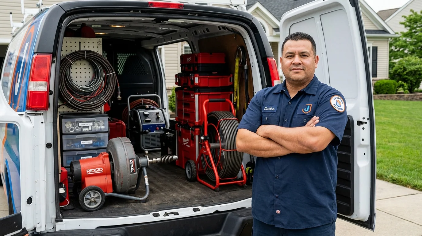Professional drain cleaning equipment and Johns Plumbing LLC plumber in Bath