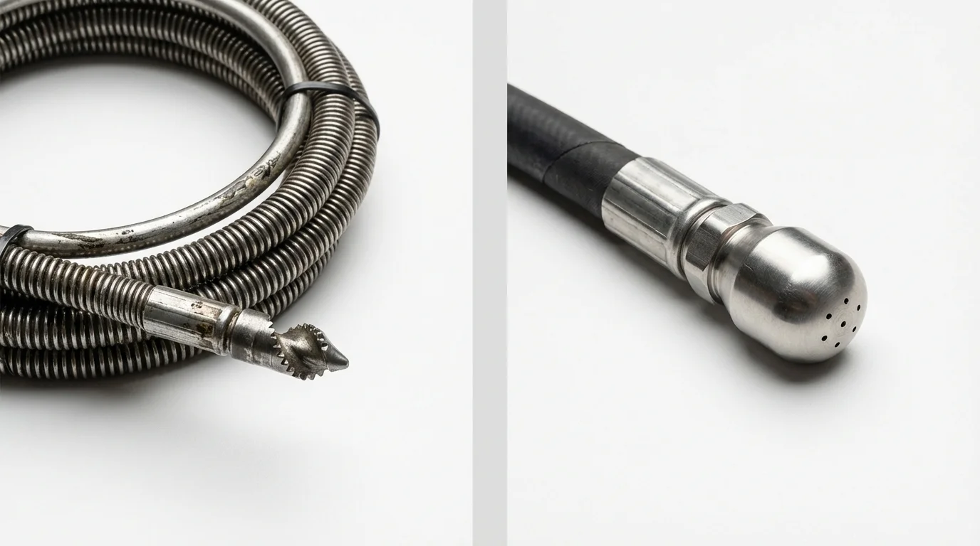 Drain snake cable and hydro jetting nozzle used for drain cleaning in Bath, ME