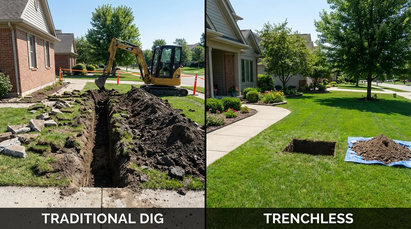 Trenchless sewer repair with minimal yard damage versus traditional excavation in Bath, ME