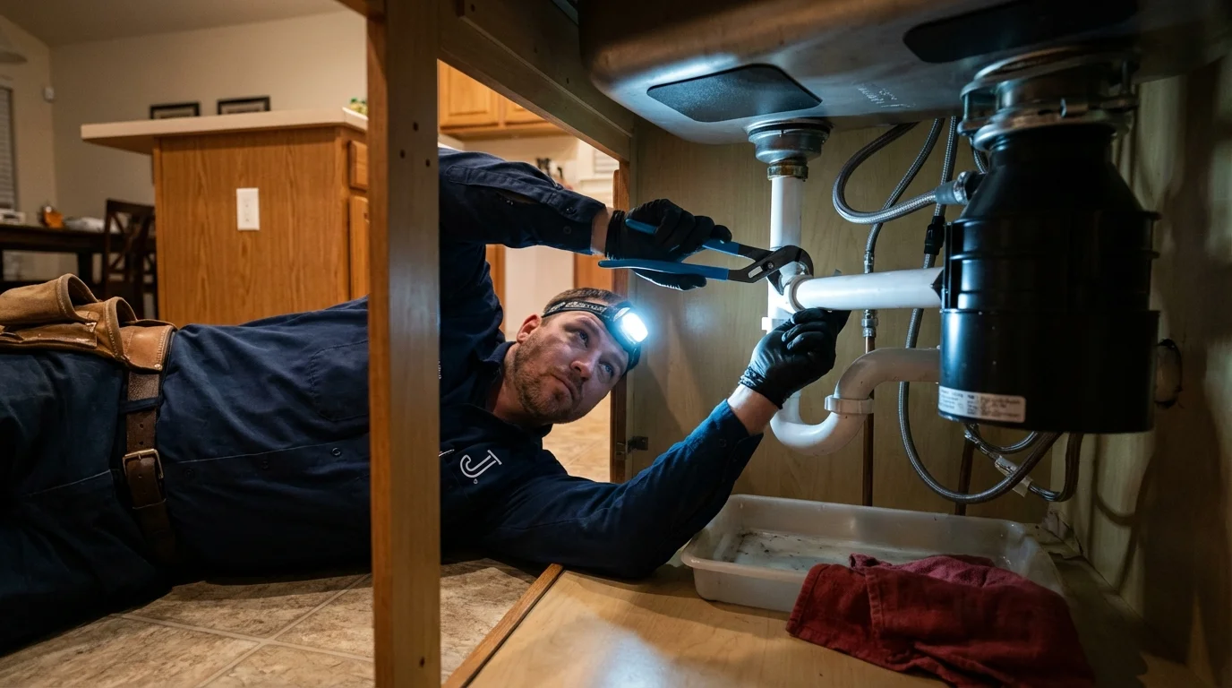P-trap and supply line connections under a kitchen sink showing a common leak point in Bath, ME